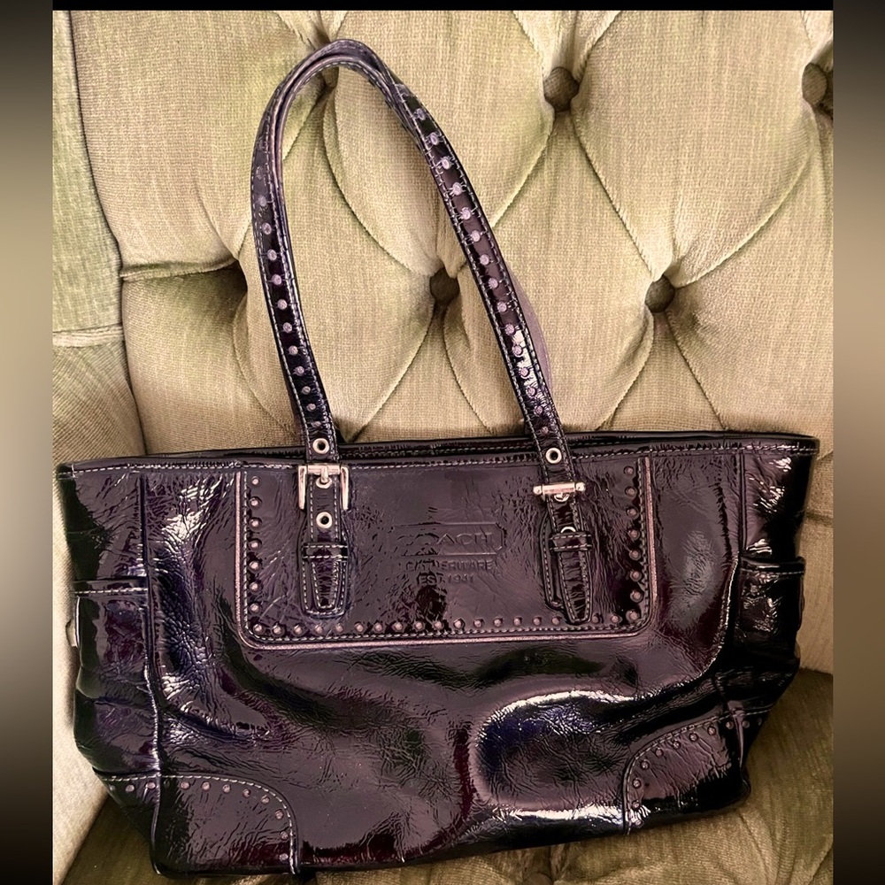 Vintage Black Patent Leather Coach Open Tote